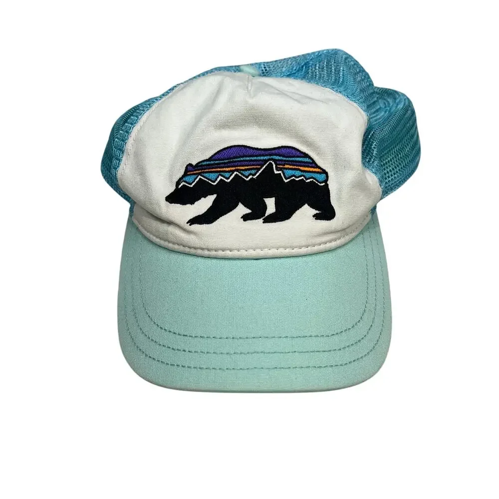 Patagonia Fitz Roy Bear Trucker Hat Snapback Cap Teal Blue White Mesh Vintage